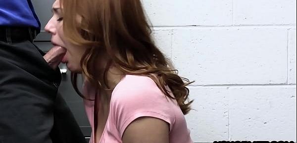  Petite redhead teen Mia Kay hiding stolen bracelet in her mouth but cop found it
